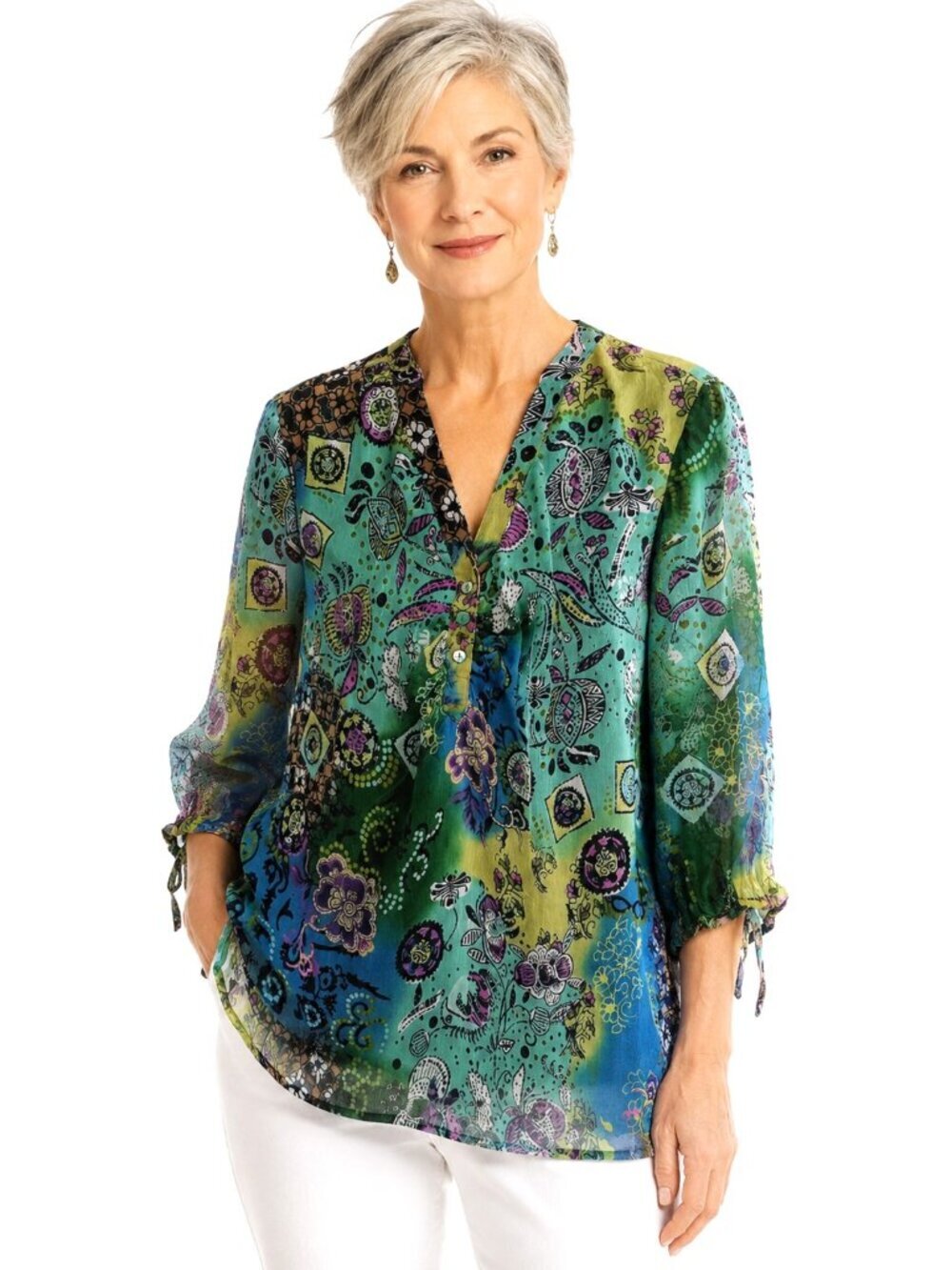 Carole Little Green Multicolor Floral Silk Tunic Top
